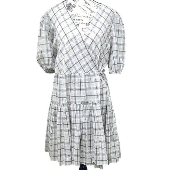 NWT J.Crew Oyster Plaid Puff Sleeve Wrap Mini Dress Cotton Voile M - Picture 3 of 9